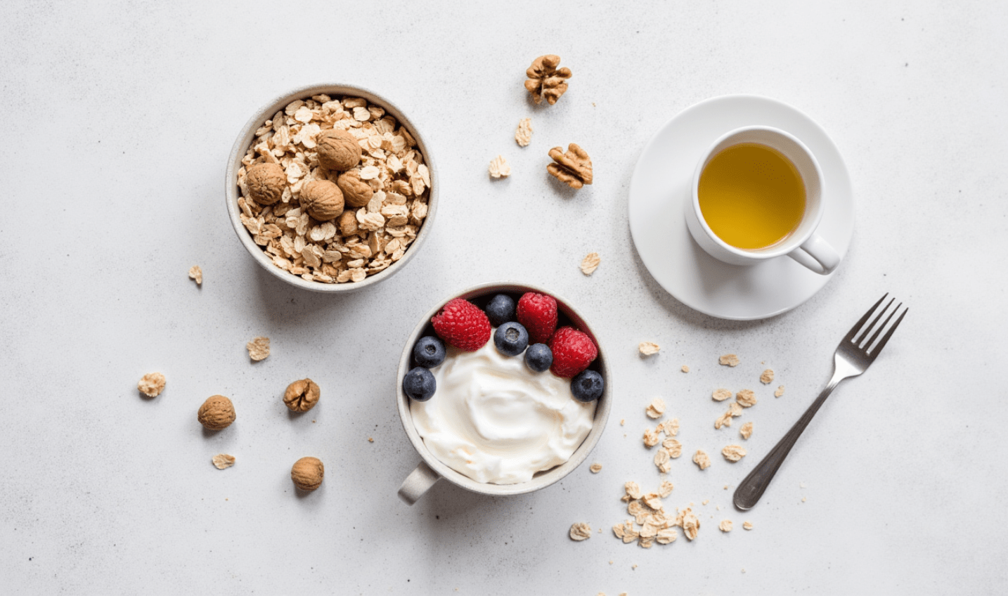 Flat-lay of gut- and liver-friendly foods including oats, yogurt, berries, and nuts