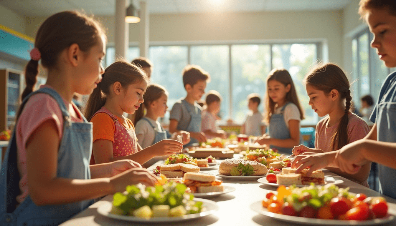 Students in a school cafeteria choosing healthy meals during a shift away from ultra-processed foods.