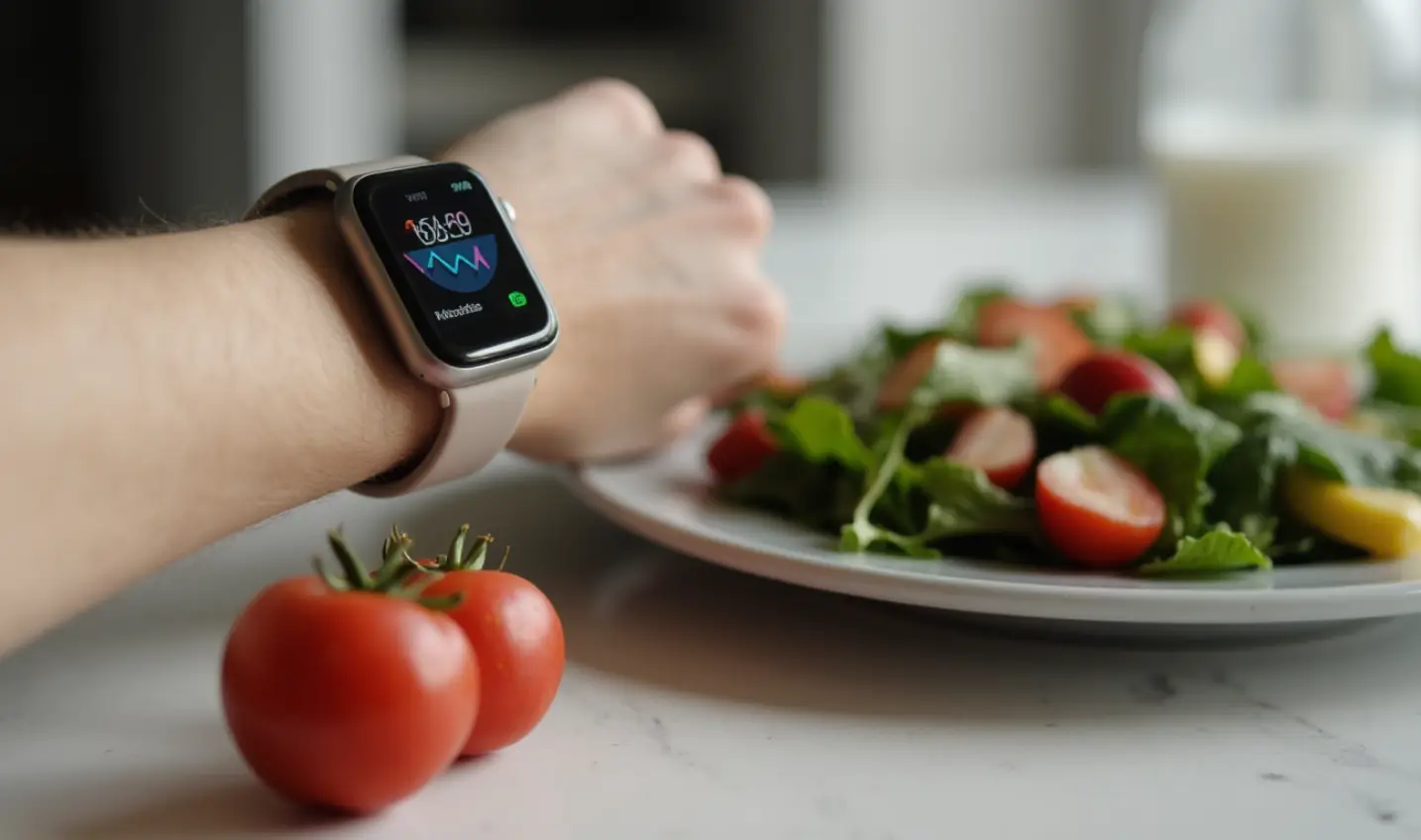 smartwatch showing personalized nutrition data with healthy food