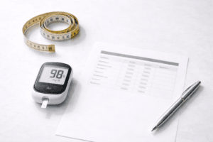 insulin resistance shown with blood sugar report and medical tools on desk