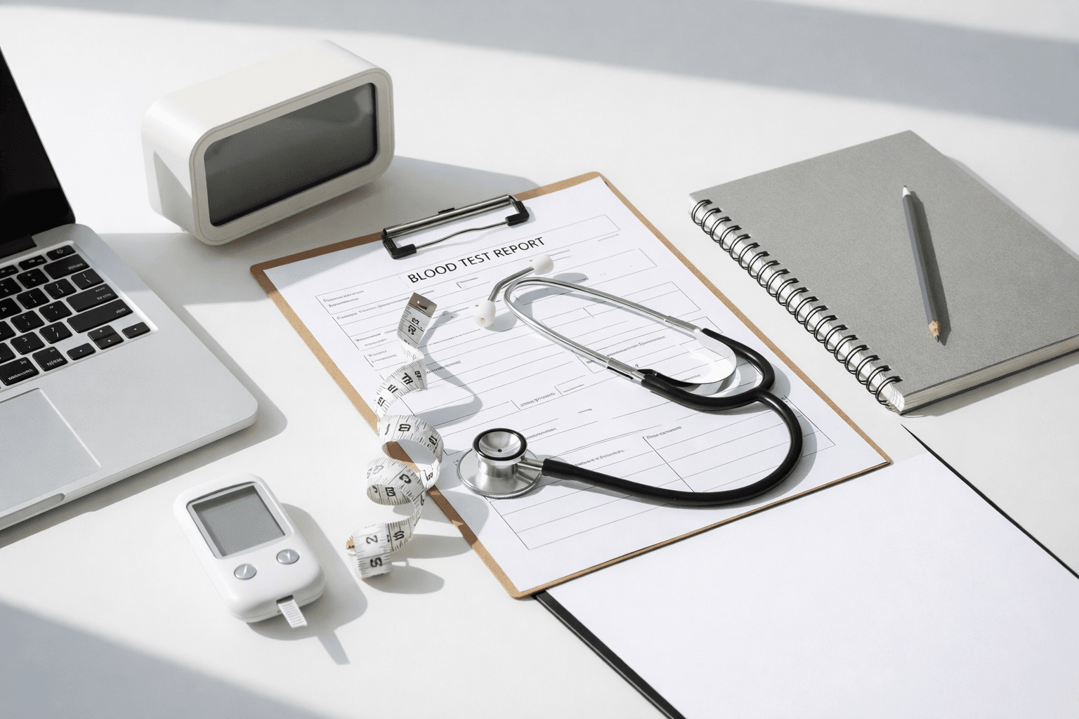 sleep deprivation and weight gain shown with alarm clock and lab reports