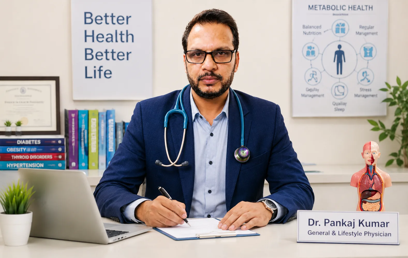 Dr. Pankaj Kumar with stethoscope at his clinic in Dwarka