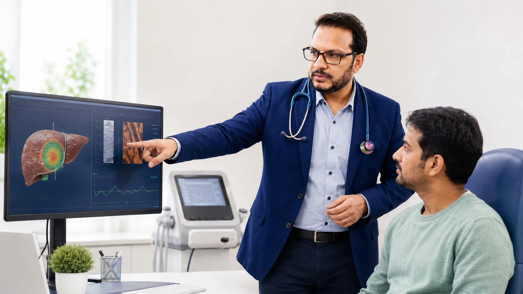 Dr. Pankaj Kumar explaining a FibroScan liver report
