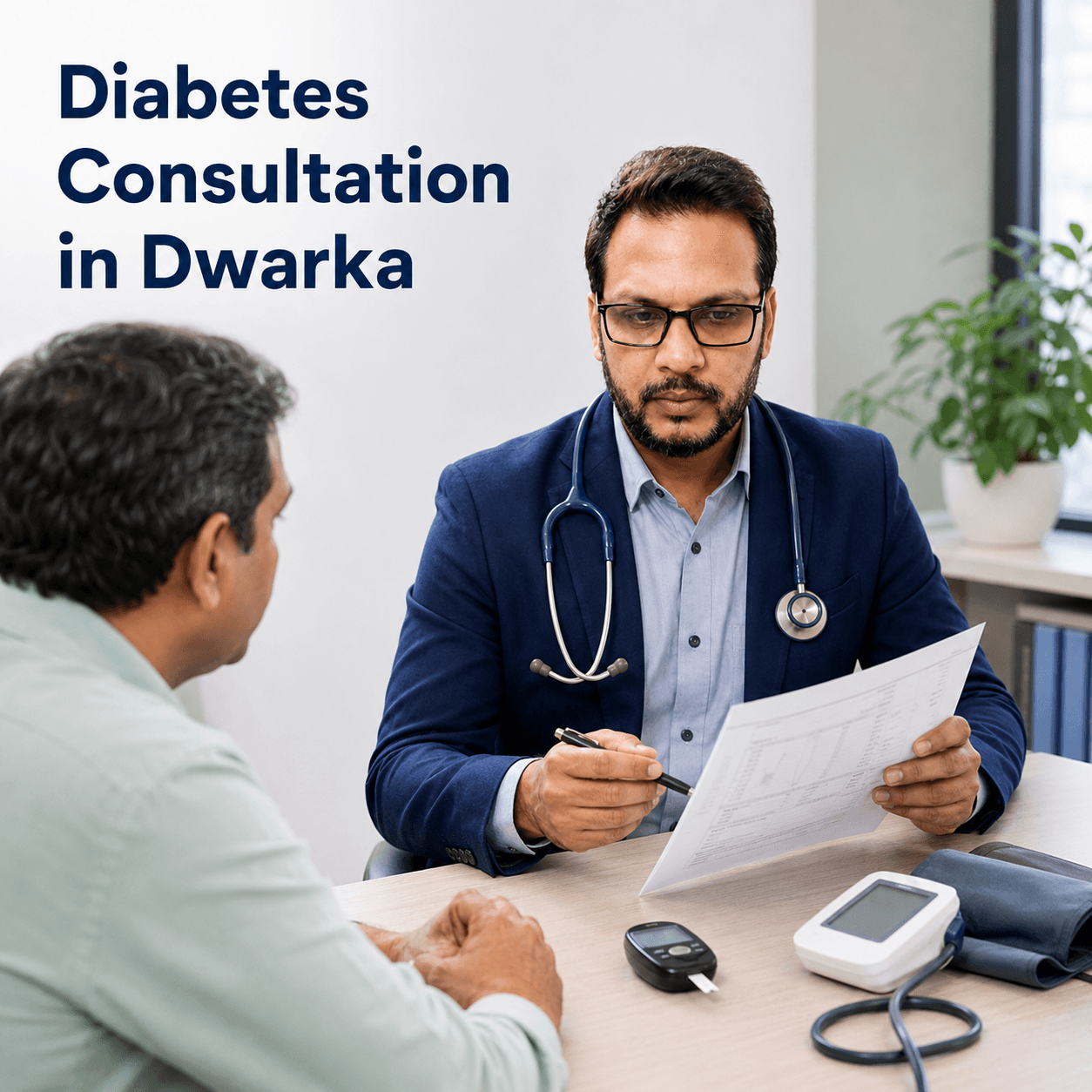 Doctor reviewing reports during a diabetes consultation in Dwarka
