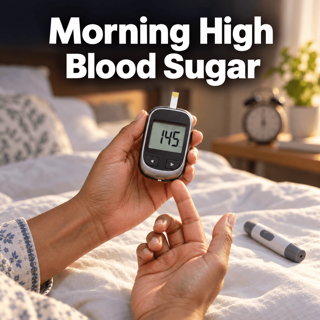 Adult checking morning high blood sugar with a glucose meter before breakfast