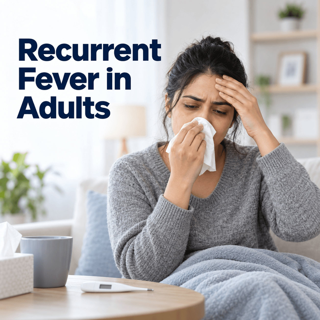 Adult checking temperature while discussing recurrent fever in adults with a doctor